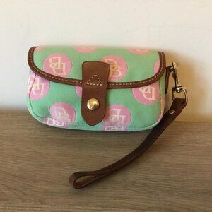 Vintage Dooney & Bourke Wristlet Logo Pattern Green w/Pink, Brown Leather Trim